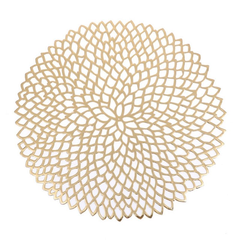 2 PCS Table Bowl Mats Home Decor Placemat For Dining Table PVC Plastic Hollow Insulation Round Baroque Mediterranean Coaster Pads(Gold)