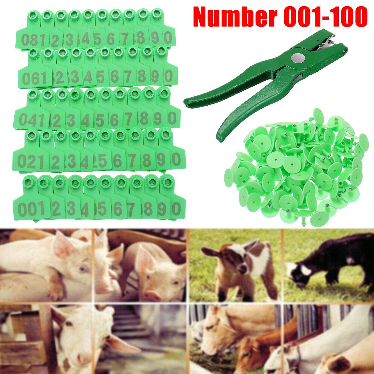 001-100 Number Animal Livestock Ear Tag Cattle Cow Pig Label+ Applicator Plier