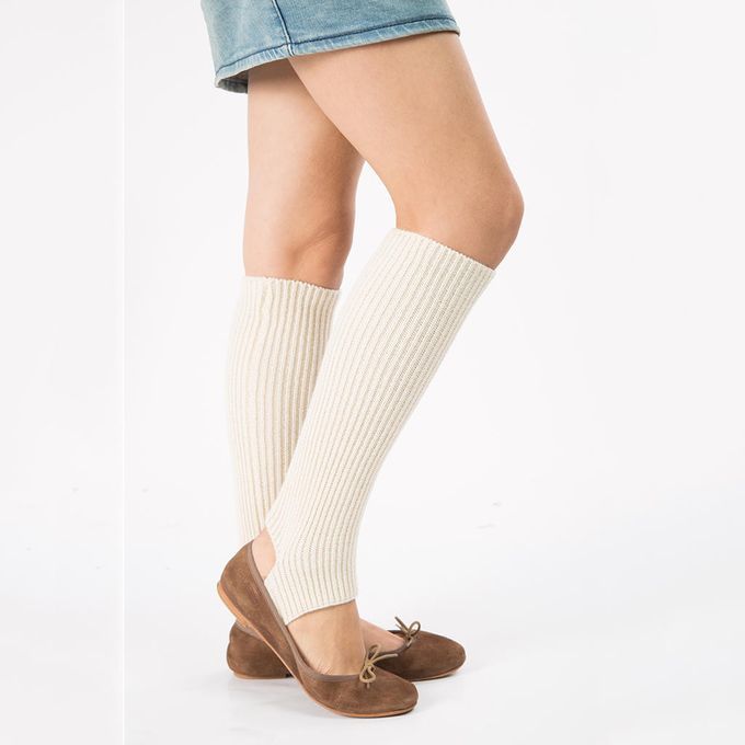 Ladies Girls Teen 80s Disco Leg Warmers Plain Ribbed Knit Yoga Beige