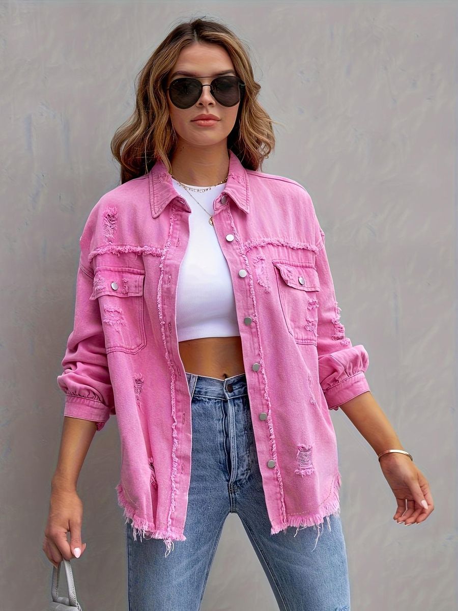 Female Office Lady  Pink Mid length Distressed Loose Denim Coat Autumn