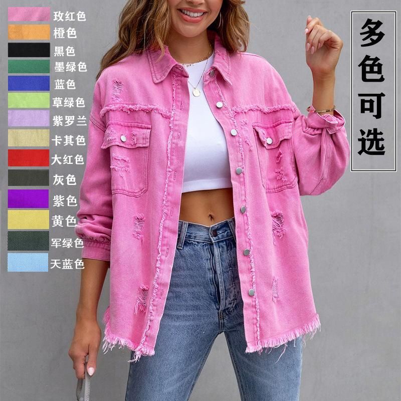 Female Office Lady  Pink Mid length Distressed Loose Denim Coat Autumn