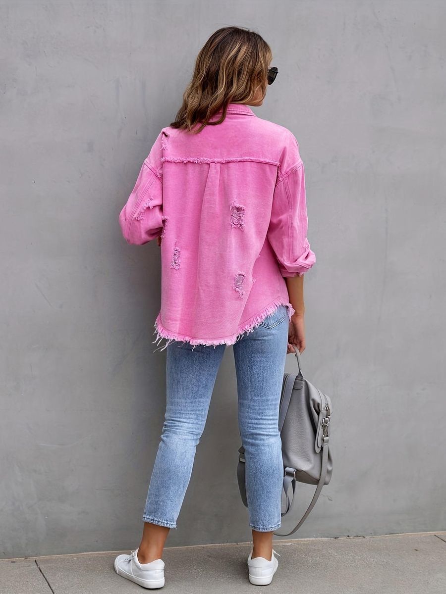 Female Office Lady  Pink Mid length Distressed Loose Denim Coat Autumn