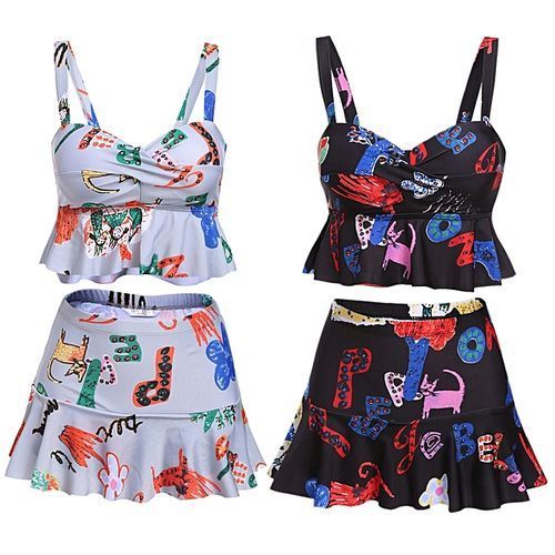 Women's Print Padded Tankini Top With Fold Over Waist Briefs Set Bathing Suit Swimwear-Blue White