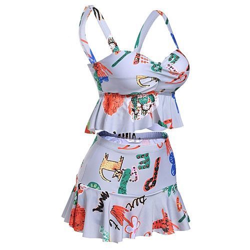 Women's Print Padded Tankini Top With Fold Over Waist Briefs Set Bathing Suit Swimwear-Blue White
