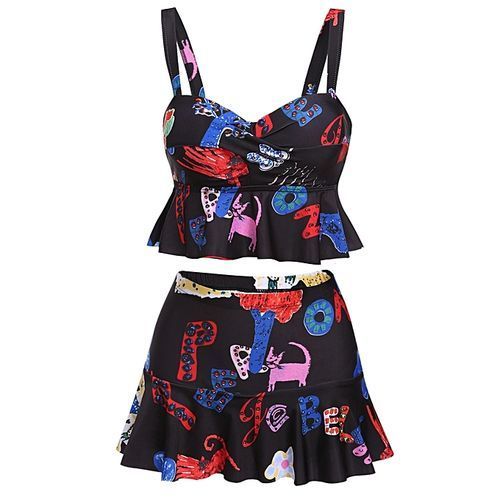 Women's Print Padded Tankini Top With Fold Over Waist Briefs Set Bathing Suit Swimwear-Blue White