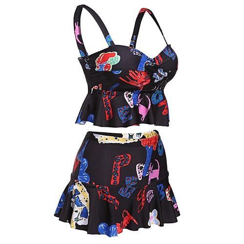 Women's Print Padded Tankini Top With Fold Over Waist Briefs Set Bathing Suit Swimwear-Blue White