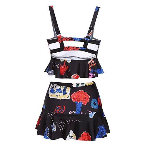Women's Print Padded Tankini Top With Fold Over Waist Briefs Set Bathing Suit Swimwear-Blue White