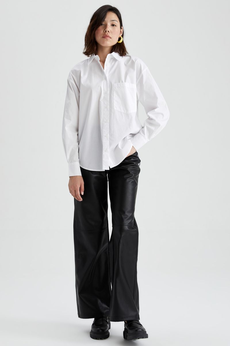 Woman Young Oversize Fit Woven Long Sleeve Shirt - White