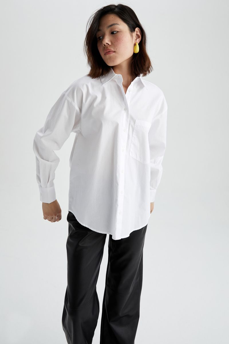 Woman Young Oversize Fit Woven Long Sleeve Shirt - White