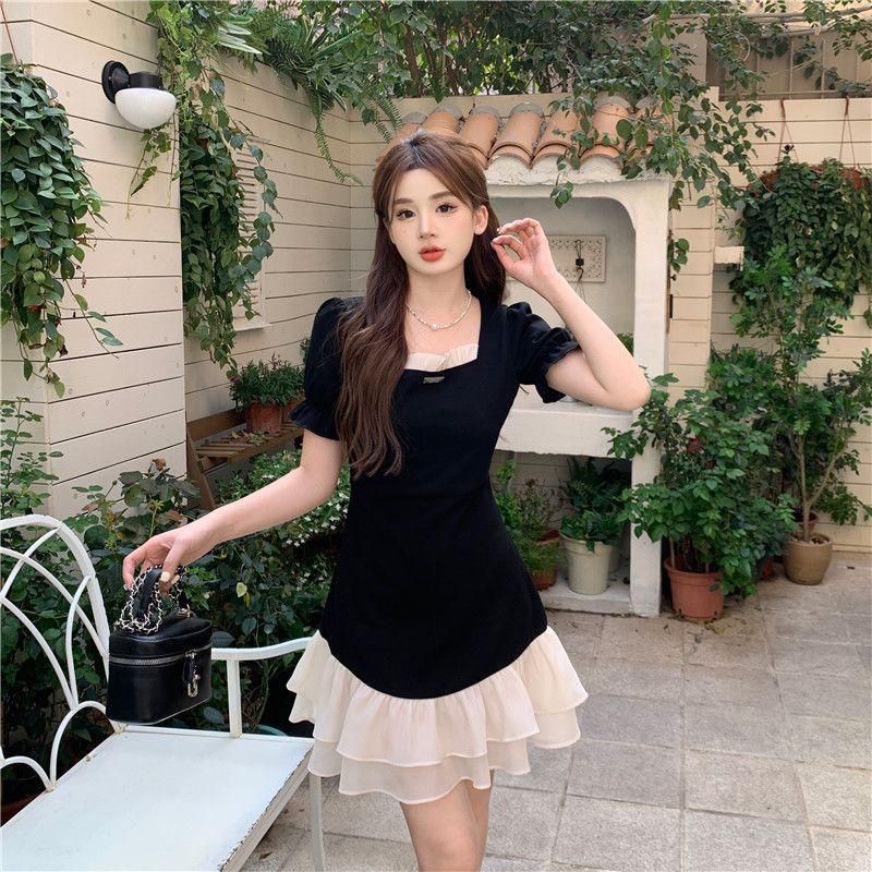 New Large Size Korean Style Sense of Design Contrast Color Square Collar Short Sleeve Dress for Women 2023 Summer Tight Waist Slimming Youthful-Looking Short