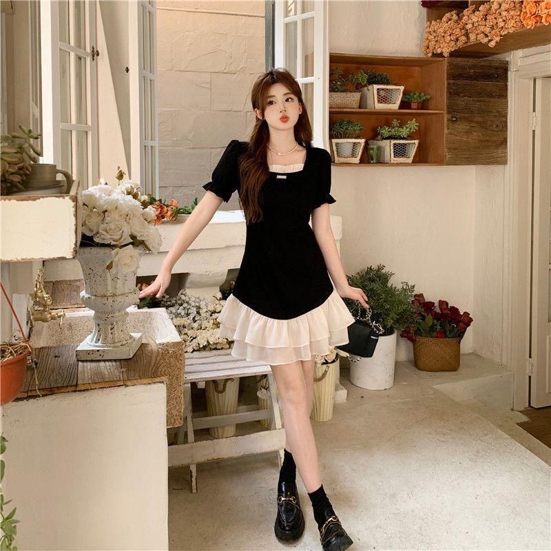 New Large Size Korean Style Sense of Design Contrast Color Square Collar Short Sleeve Dress for Women 2023 Summer Tight Waist Slimming Youthful-Looking Short