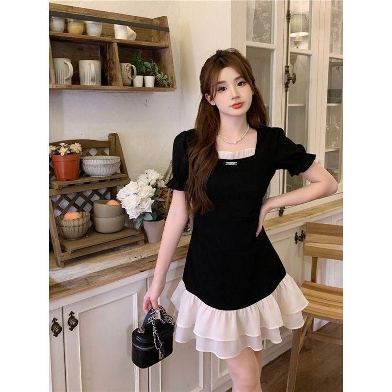 New Large Size Korean Style Sense of Design Contrast Color Square Collar Short Sleeve Dress for Women 2023 Summer Tight Waist Slimming Youthful-Looking Short