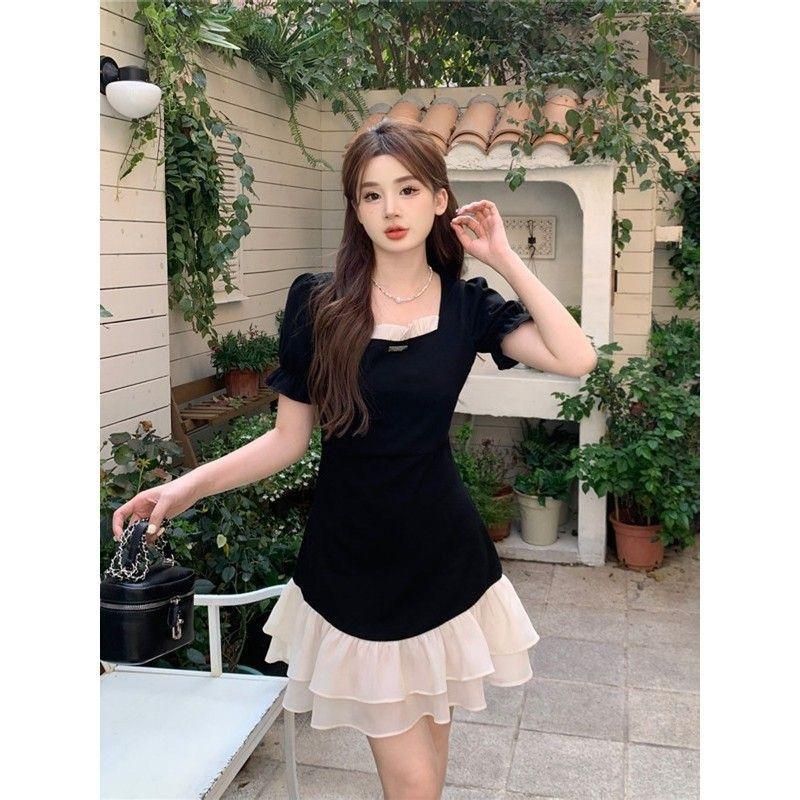 New Large Size Korean Style Sense of Design Contrast Color Square Collar Short Sleeve Dress for Women 2023 Summer Tight Waist Slimming Youthful-Looking Short
