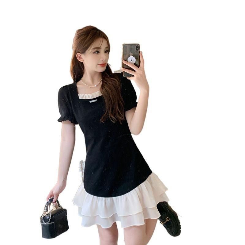 New Large Size Korean Style Sense of Design Contrast Color Square Collar Short Sleeve Dress for Women 2023 Summer Tight Waist Slimming Youthful-Looking Short