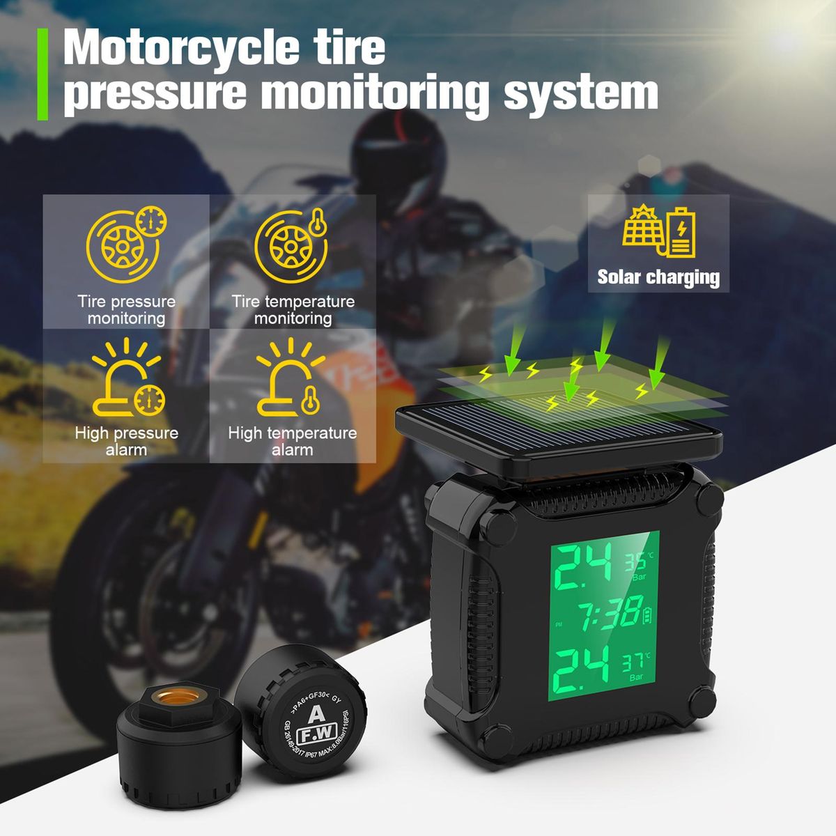 Motorcycle Wireless Tire Pressure Monitoring Waterproof Temperature Alarm USB Rechargeable TPMS with LCD Display