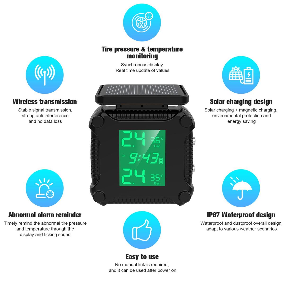 Motorcycle Wireless Tire Pressure Monitoring Waterproof Temperature Alarm USB Rechargeable TPMS with LCD Display