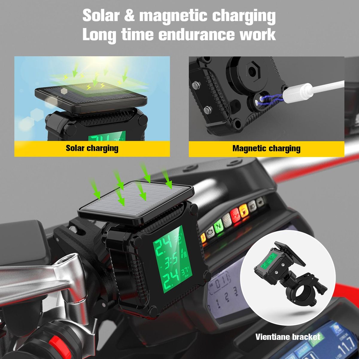 Motorcycle Wireless Tire Pressure Monitoring Waterproof Temperature Alarm USB Rechargeable TPMS with LCD Display