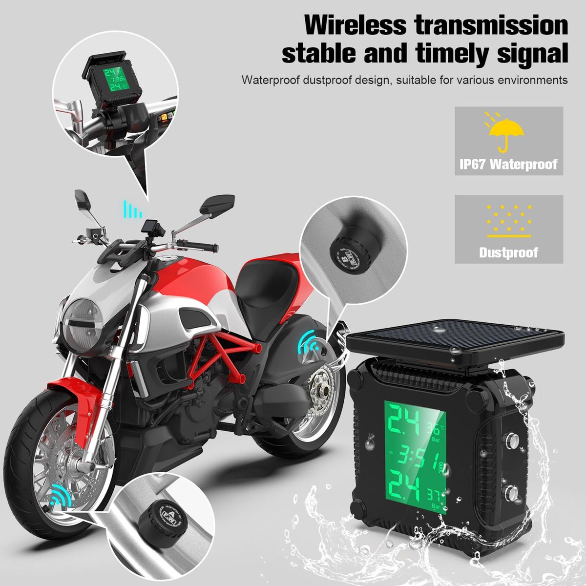 Motorcycle Wireless Tire Pressure Monitoring Waterproof Temperature Alarm USB Rechargeable TPMS with LCD Display