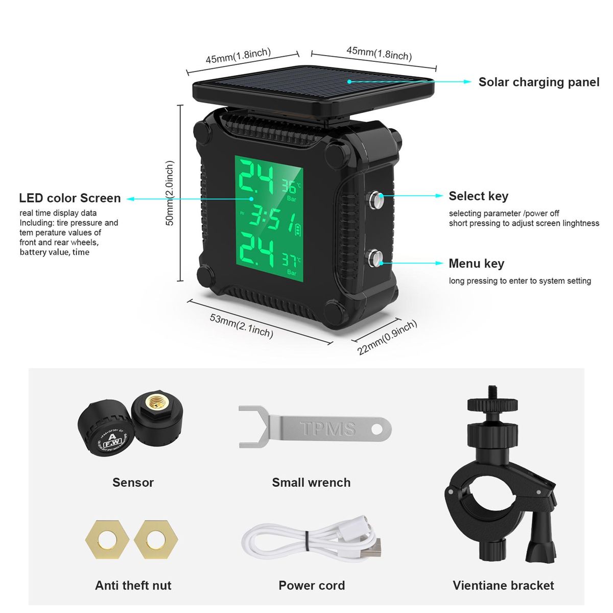 Motorcycle Wireless Tire Pressure Monitoring Waterproof Temperature Alarm USB Rechargeable TPMS with LCD Display
