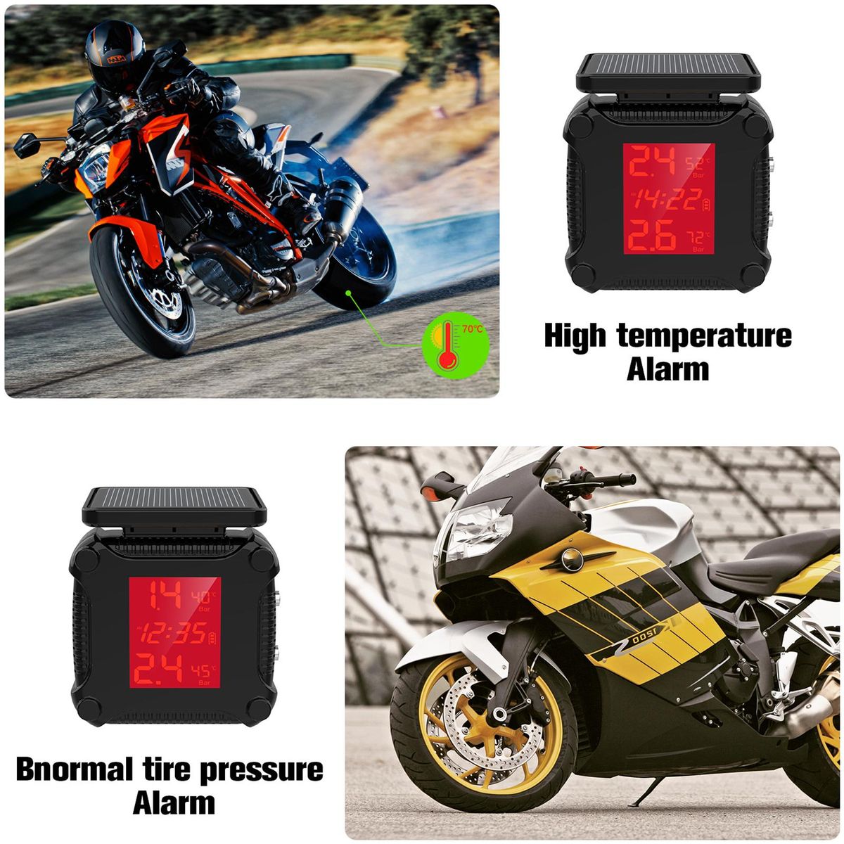 Motorcycle Wireless Tire Pressure Monitoring Waterproof Temperature Alarm USB Rechargeable TPMS with LCD Display