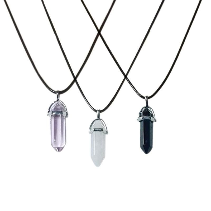 Natural Stone Hexagonal Crystal Pendant Leather Rope Necklac