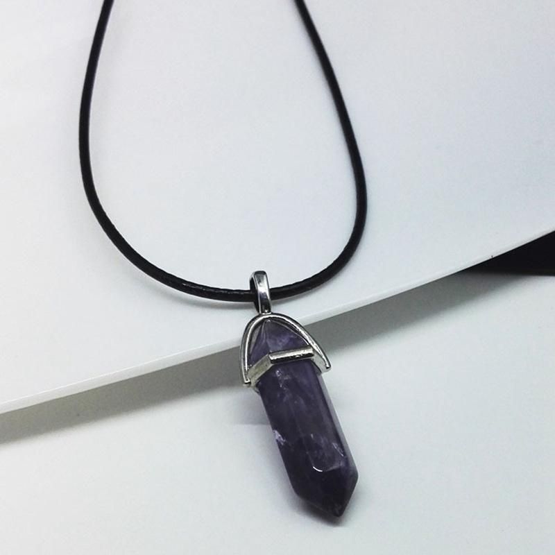 Natural Stone Hexagonal Crystal Pendant Leather Rope Necklac