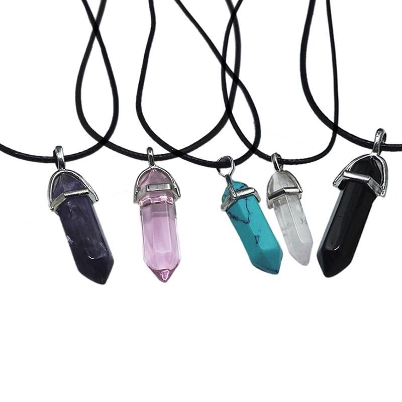 Natural Stone Hexagonal Crystal Pendant Leather Rope Necklac