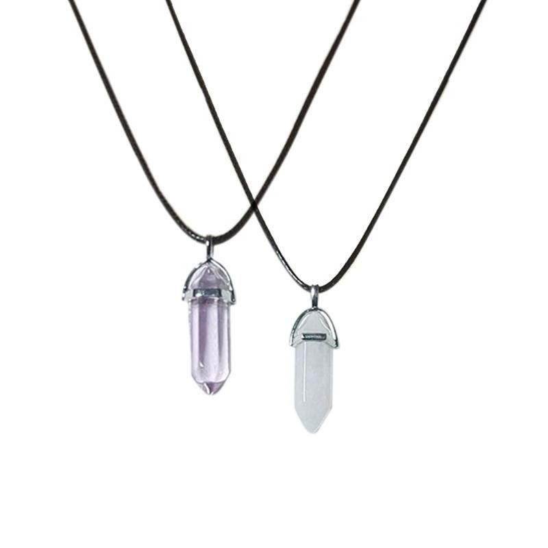 Natural Stone Hexagonal Crystal Pendant Leather Rope Necklac