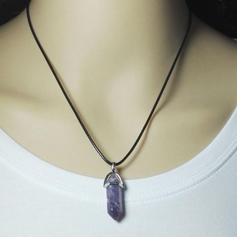 Natural Stone Hexagonal Crystal Pendant Leather Rope Necklac