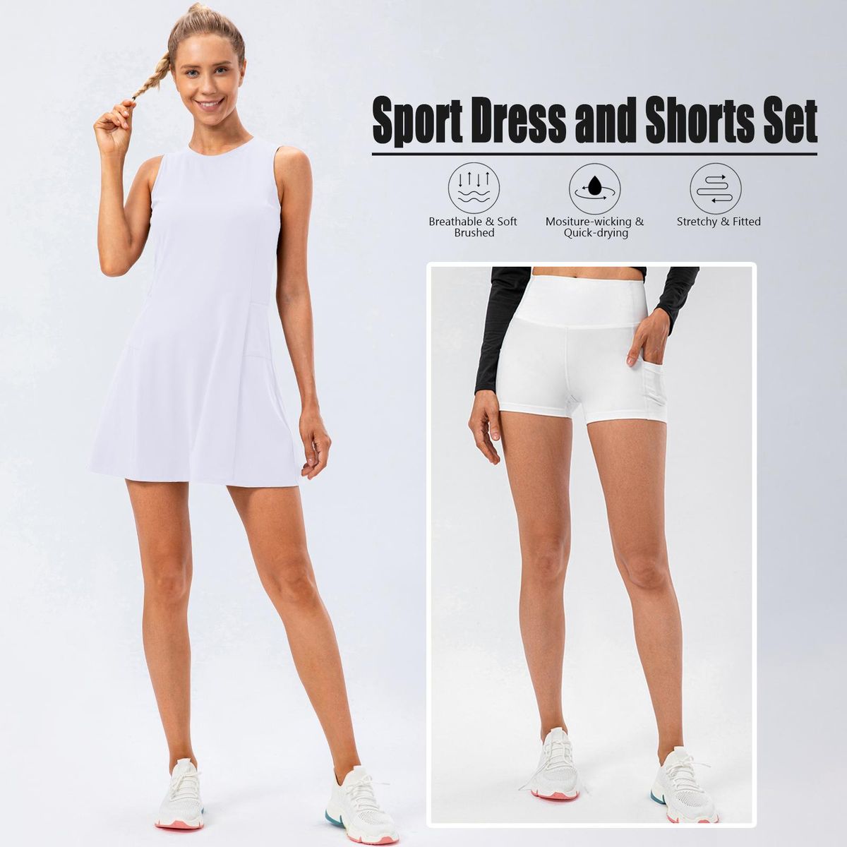 Women Tennis Dress and Shorts Set Sleeveless Tank Dress with Pockets Golf Workout 2 PCS