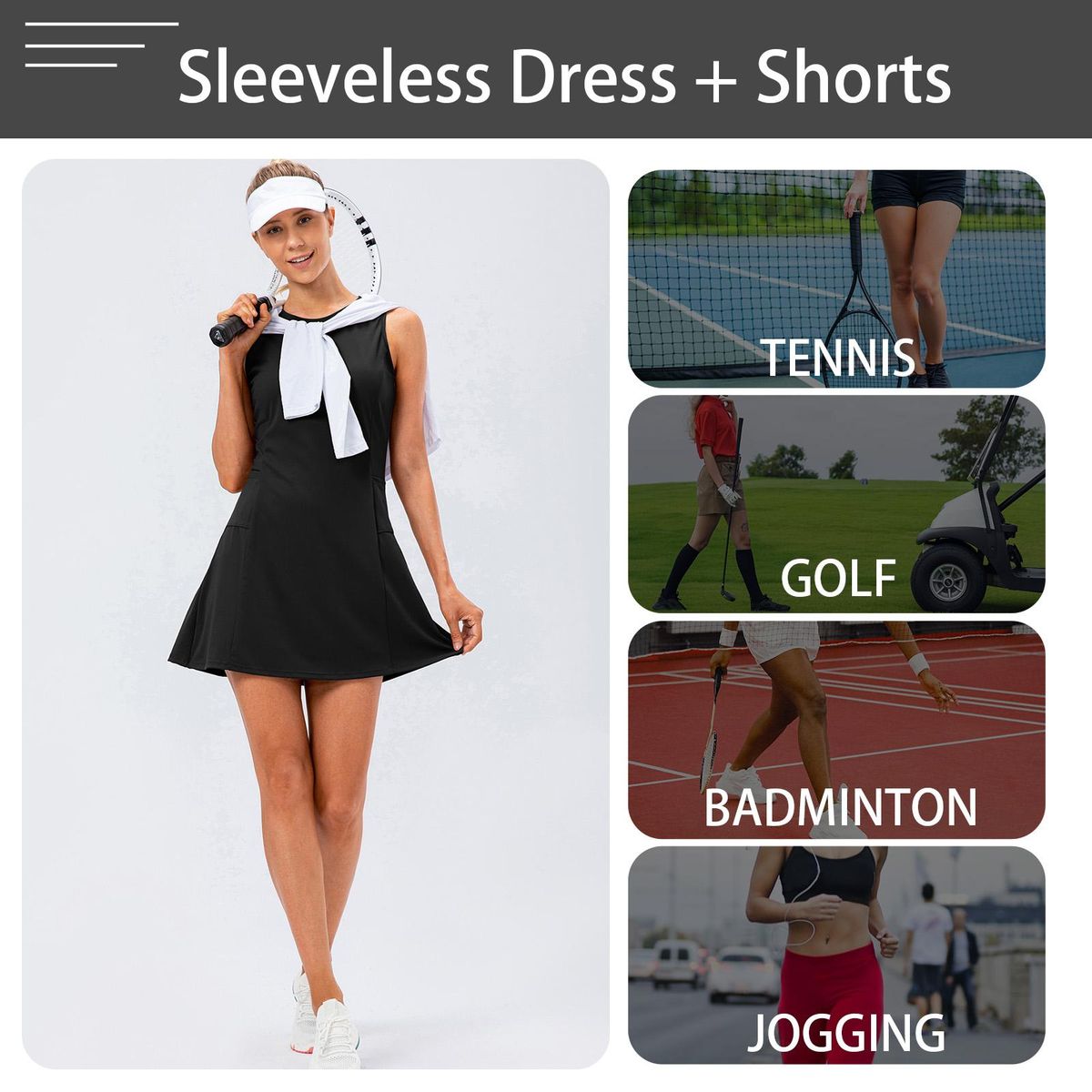 Women Tennis Dress and Shorts Set Sleeveless Tank Dress with Pockets Golf Workout 2 PCS
