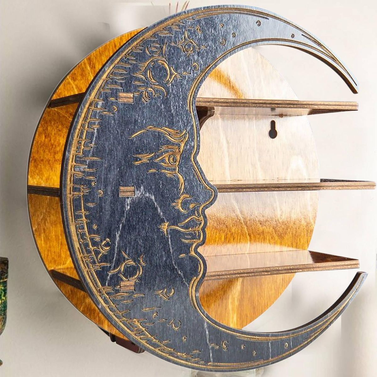 Wall Mounted Crystal Display Essential Oil Shelf Crescent Moon Shelf Wooden Moon Holder Wall Decor for Bedroom(C)