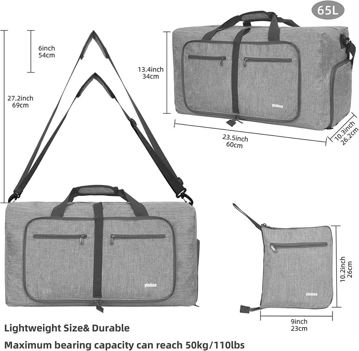 Yinhua 65L Duffle Bag Large Travel Duffel Bags With Shoes