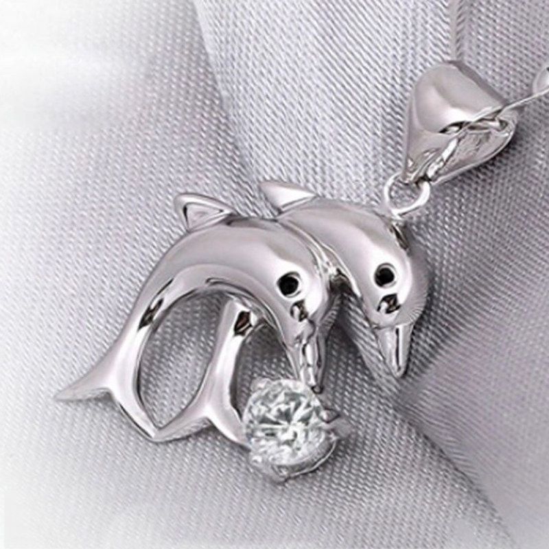 Elegant Women's Double Dolphins Jump Rhinestone Inlaid-White
