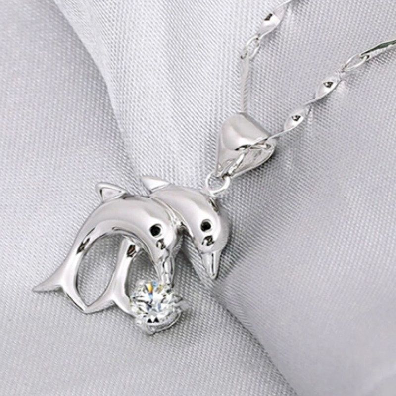 Elegant Women's Double Dolphins Jump Rhinestone Inlaid-White