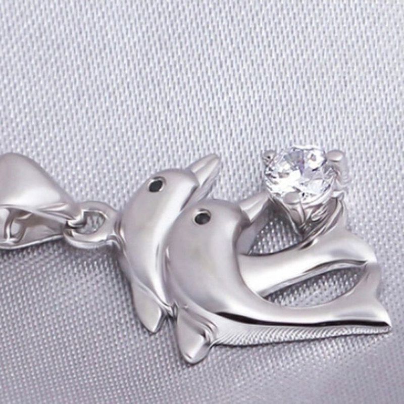 Elegant Women's Double Dolphins Jump Rhinestone Inlaid-White