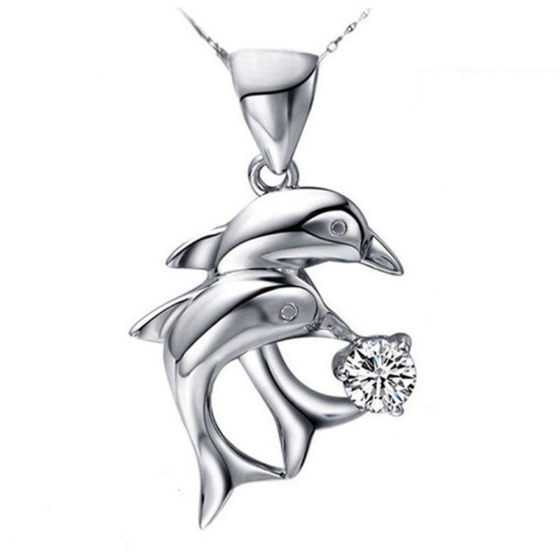Elegant Women's Double Dolphins Jump Rhinestone Inlaid-White