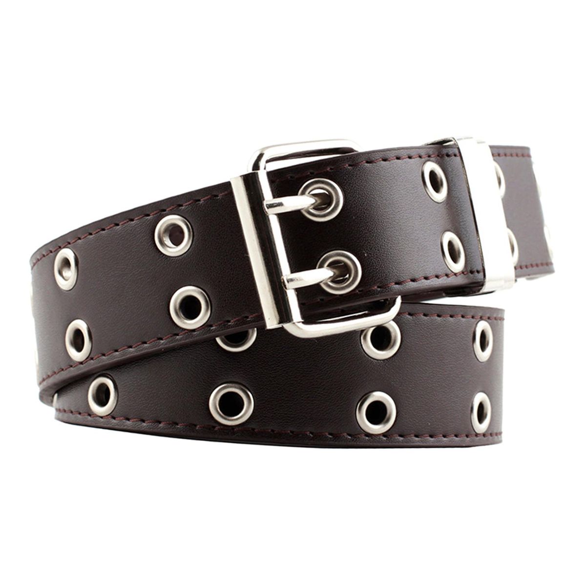 Women Punk Leather Belt For Jeans Dress Double Grommet Hollow Coffee