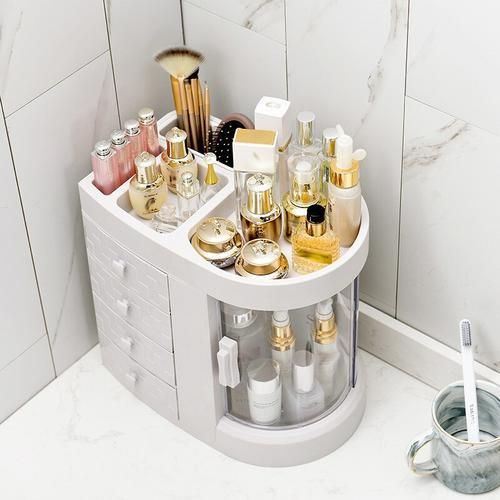 Dressing Table 4 Drawer Makeup Holder Storage Box Transparent Rotation Window Lipstick Organizer For Cosmetic Brush Jewelry
