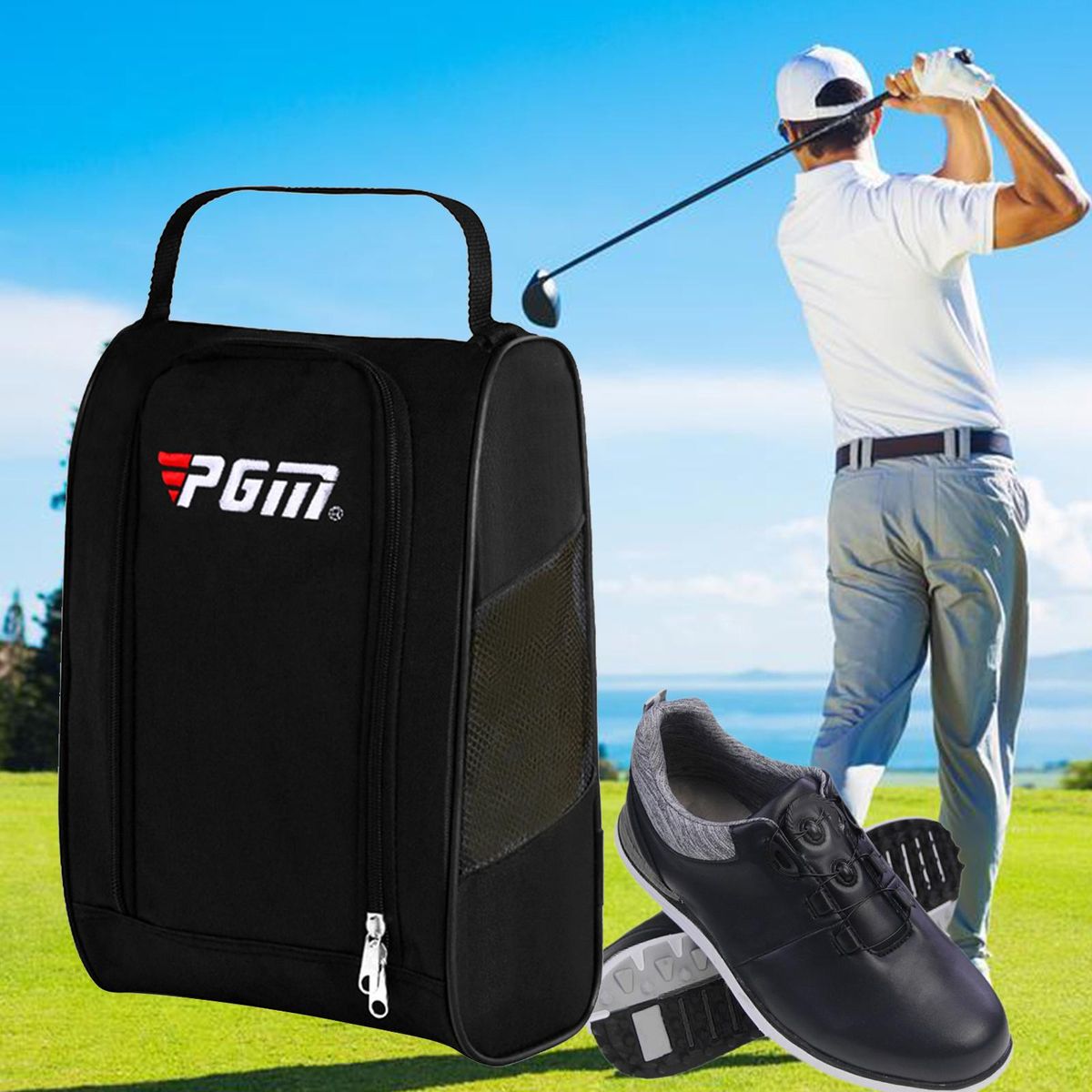 Golf Shoes Bag Pockets Football Boot Tote Sports Shoe Carrier Black