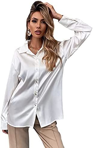 Off-White Button Down Satin Silk Shirt Long Sleeve Ladies Women Top Blouse