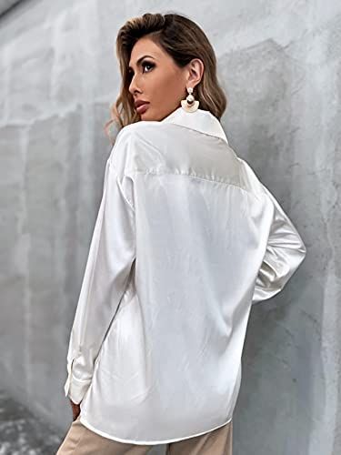 Off-White Button Down Satin Silk Shirt Long Sleeve Ladies Women Top Blouse