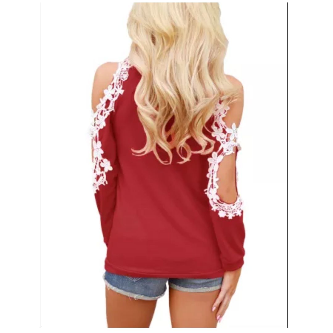 Mfed Trim Cold Shoulder Burgundy Long Sleeve Top