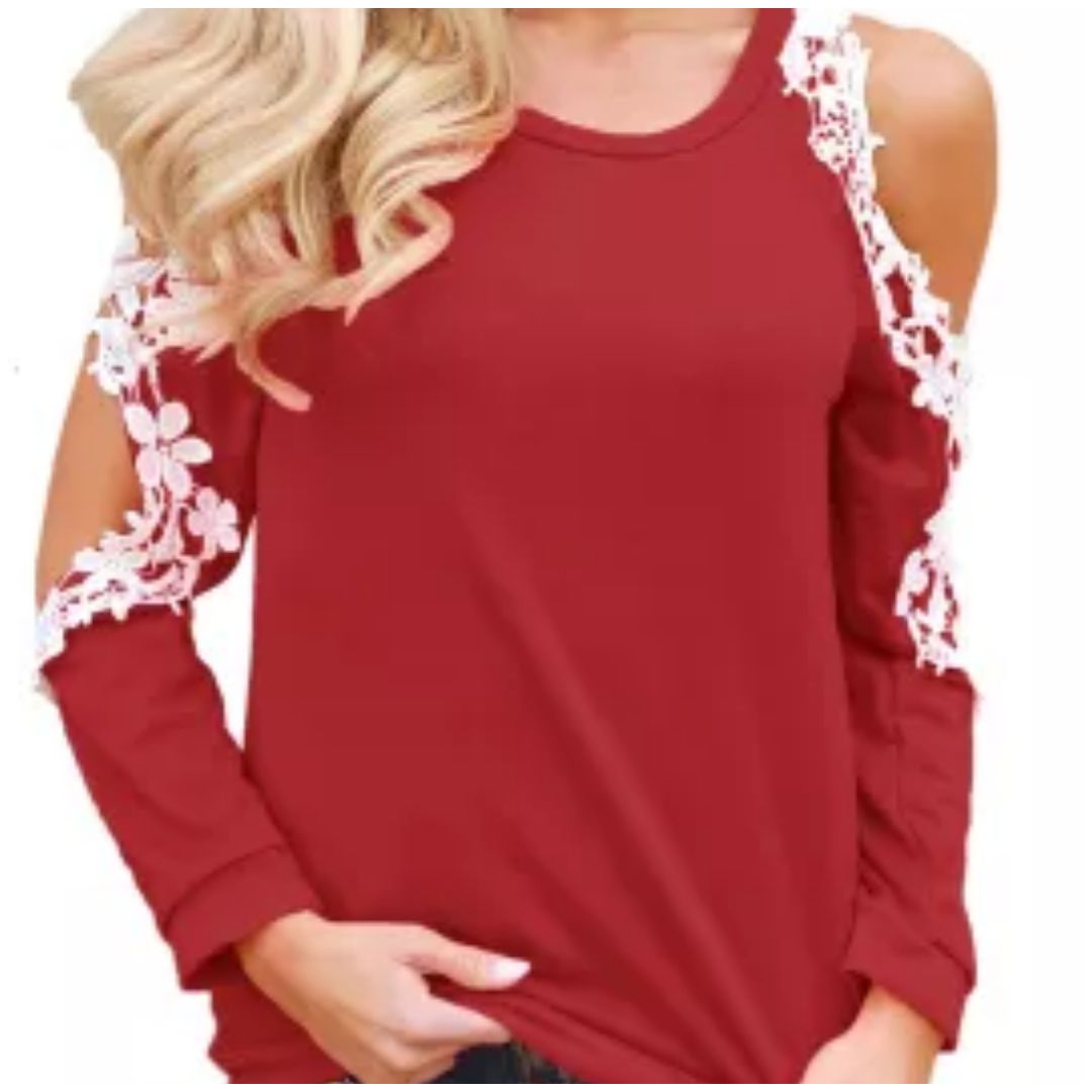 Mfed Trim Cold Shoulder Burgundy Long Sleeve Top