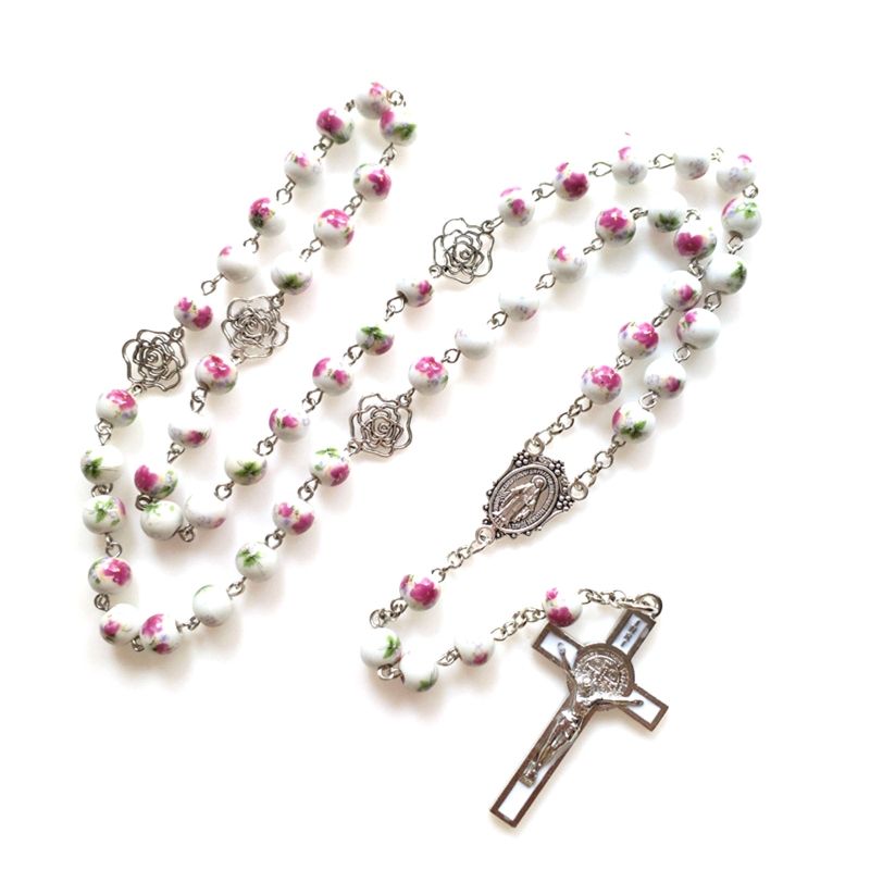 Ceramic Rose Rosary Necklace Holy Catholic Church Home