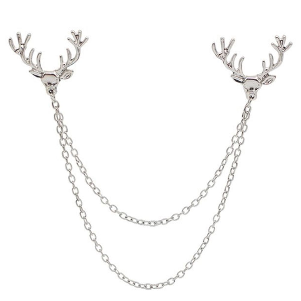 Men Women Shirt Suit Collar Deer Head Brooch-Silver