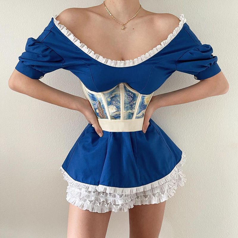 Crown Shaped Croset Women Fashion Accessories Oil Painting Print Elastic Cincher With Chest Support Tops