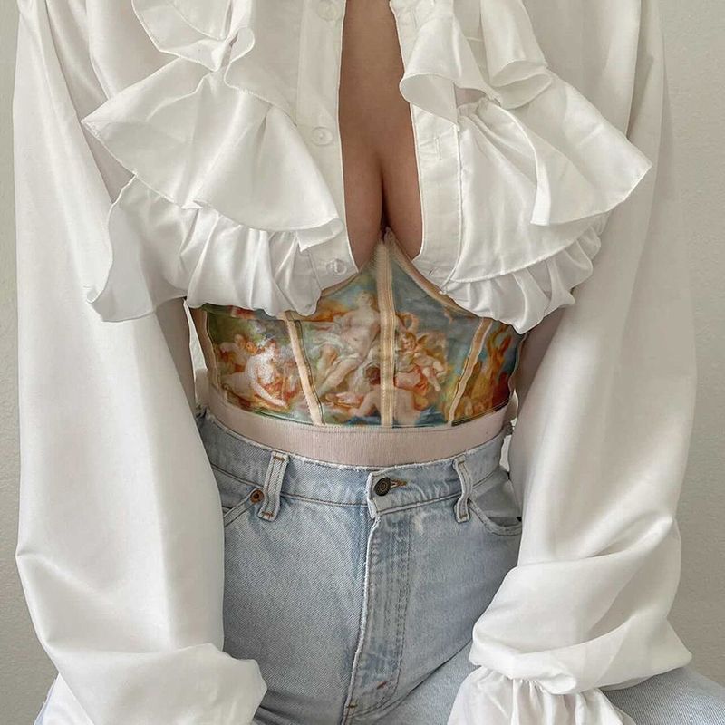 Crown Shaped Croset Women Fashion Accessories Oil Painting Print Elastic Cincher With Chest Support Tops