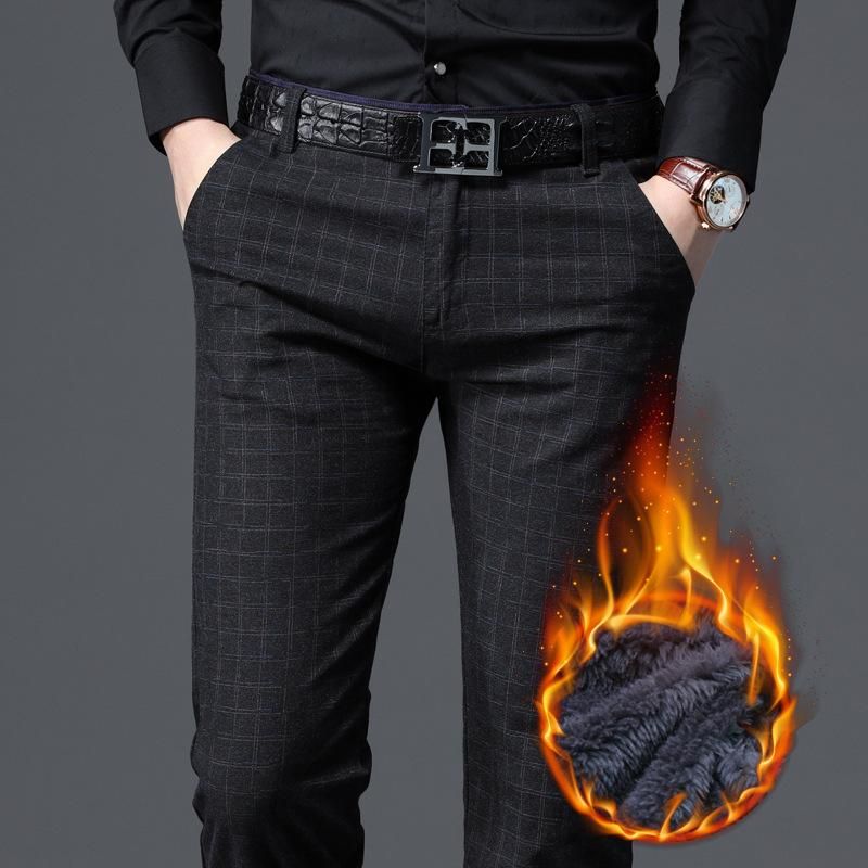 Warm casual pants for men Adjusted business clothes thick velvet black and navy blue winter