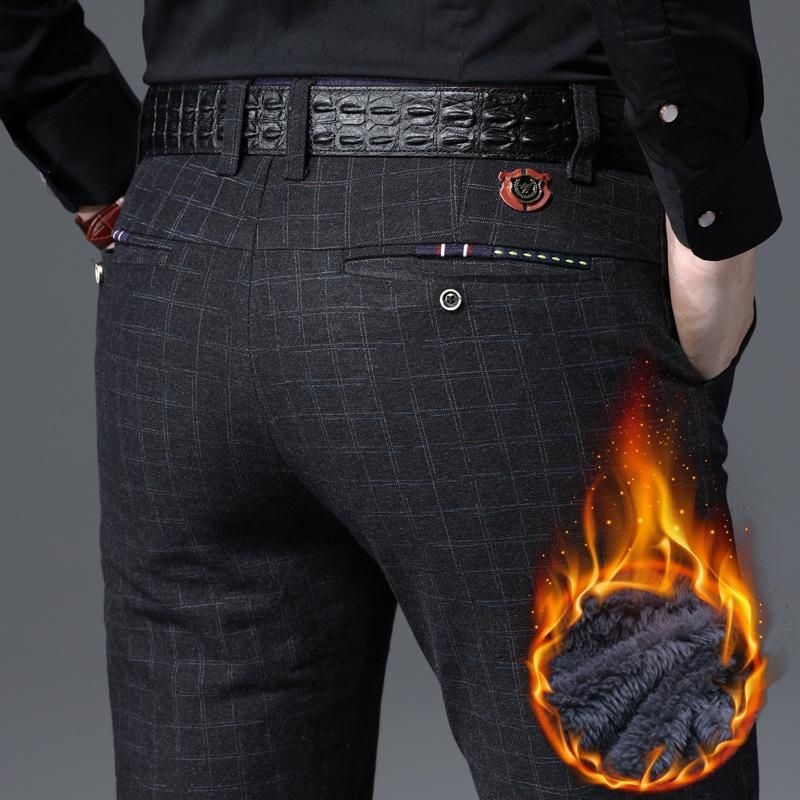 Warm casual pants for men Adjusted business clothes thick velvet black and navy blue winter